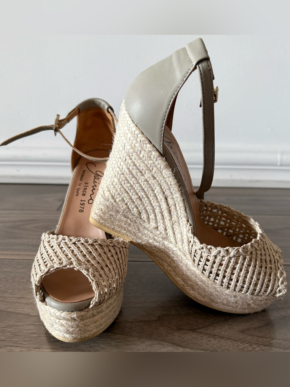 Woven Espadrille Wedge Sandals in Cream with Ankle Strap